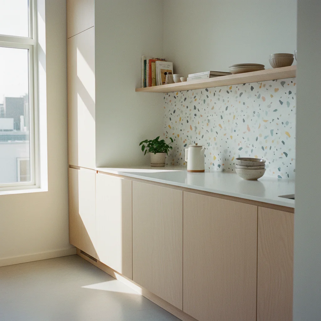 Effet terrazzo en adhésif : le motif qui agrandit une petite cuisine