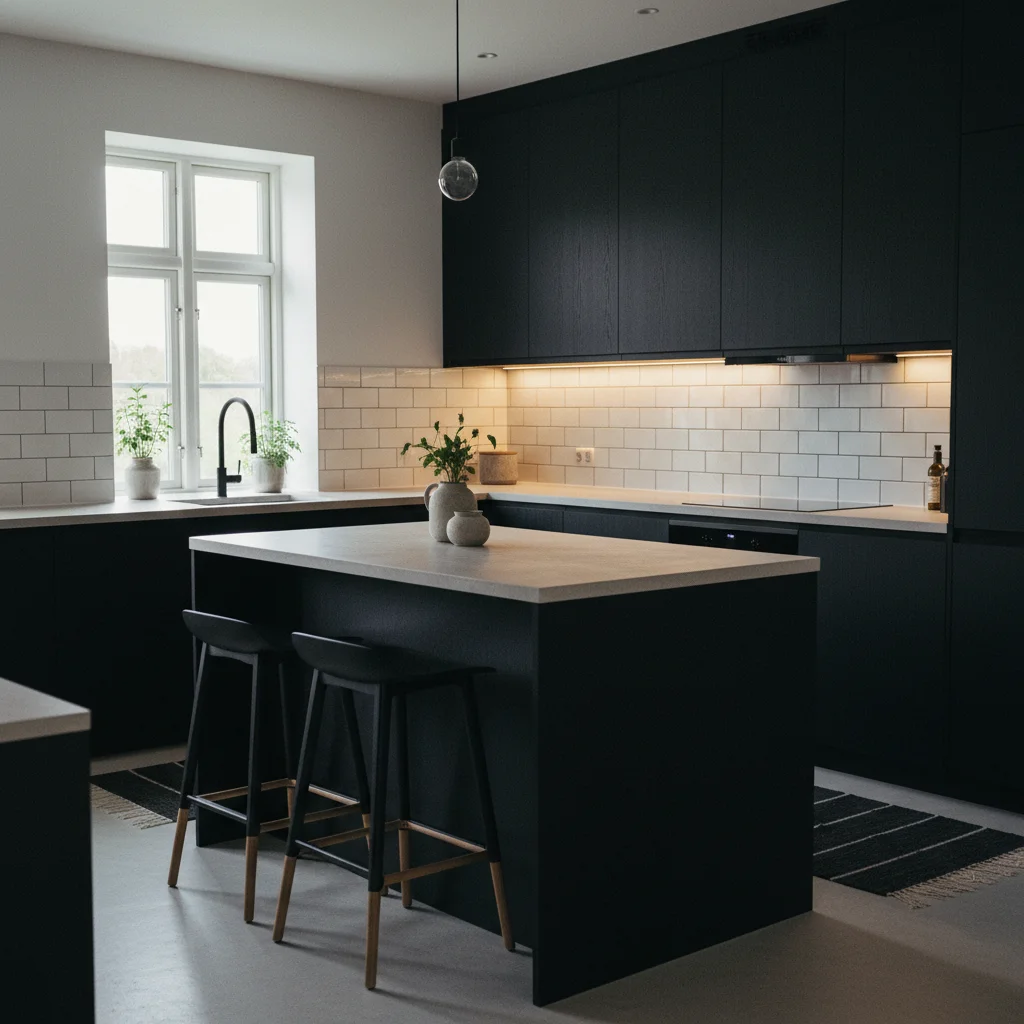 Cuisine noire mate : sublimer une déco sombre avec du carrelage adhésif